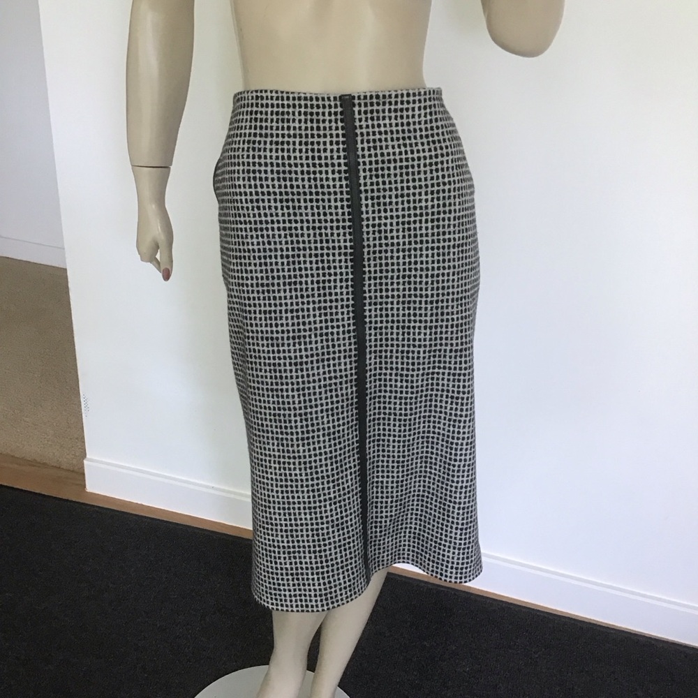 Max Mara Grey Black Graphic Dot Virgin Wool Leather‎ Trim Pencil Skirt 48 14